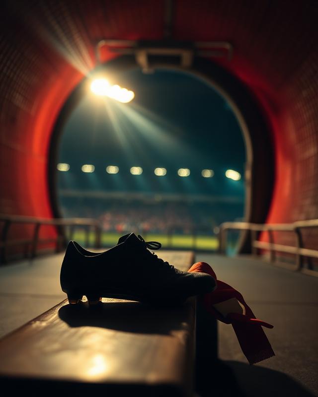 Vintage football boots and captain's armband in a dimly-lit stadium tunnel