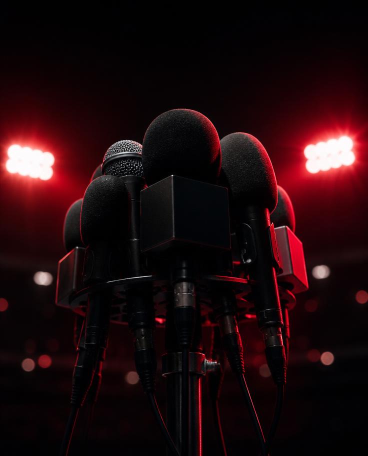 Press-conference microphones under red stage lighting